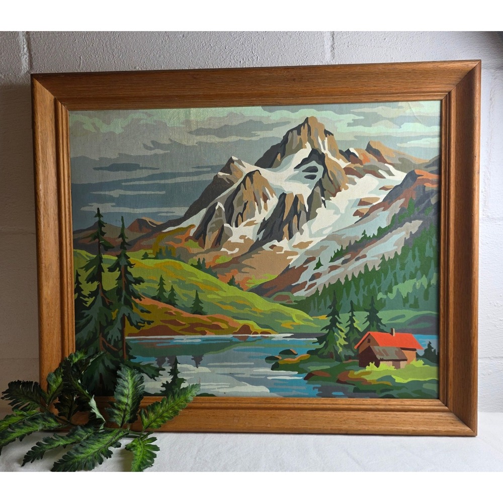 Vintage 1960s Paint by Number Mountain Landscape Lake Cabin Framed Art